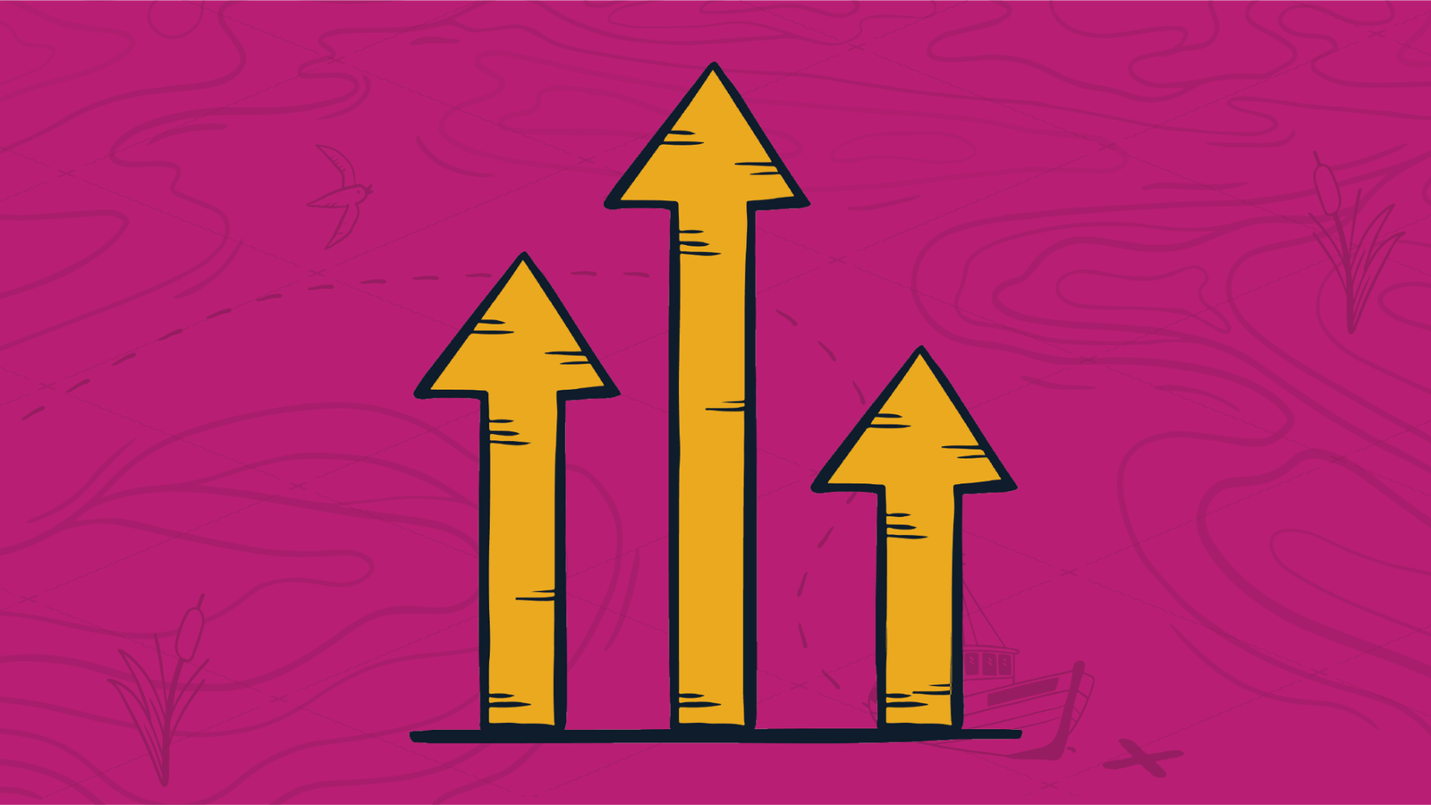 Three yellow arrows pointing up like a bar chart, the centre being the longest, representing an elevated quote to cash experience for an