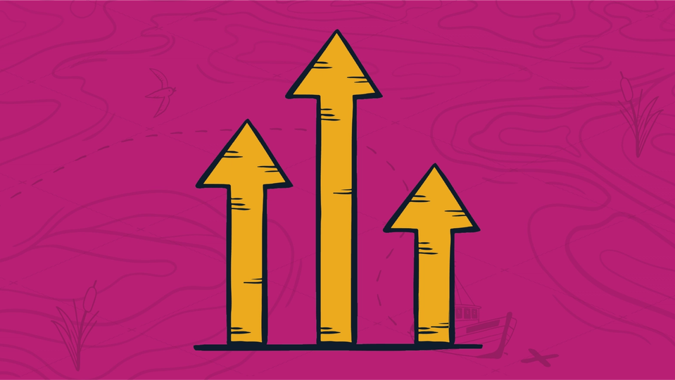 Three yellow arrows pointing up like a bar chart, the centre being the longest, representing an elevated quote to cash experience for an