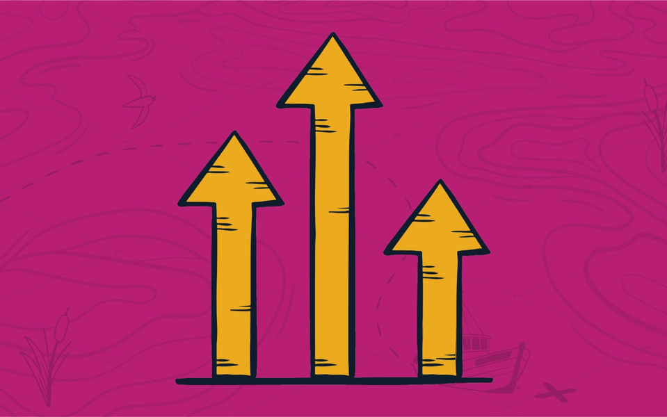 Three yellow arrows pointing up like a bar chart, the centre being the longest, representing an elevated quote to cash experience for an