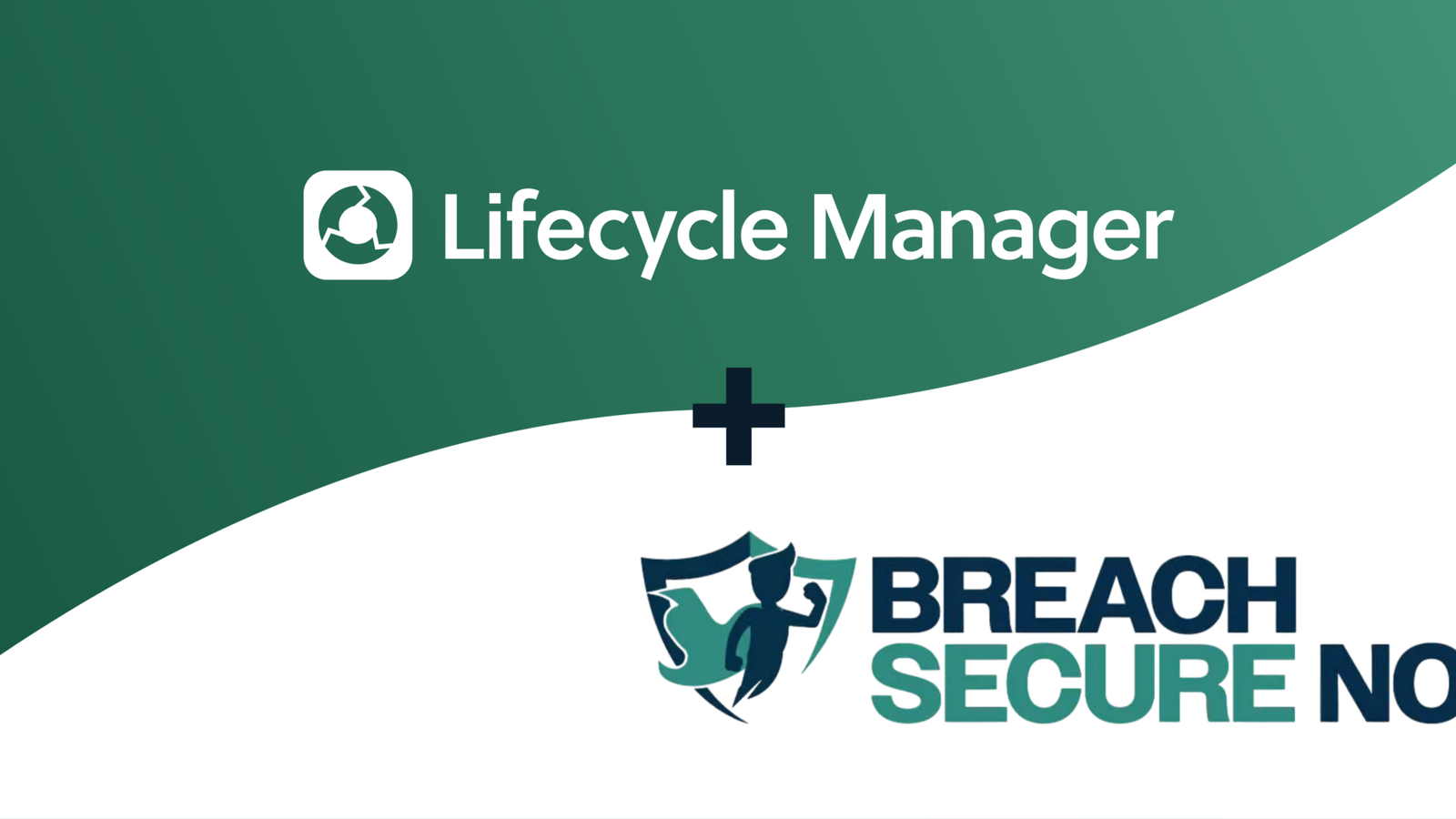 Partnership banner showing Lifecycle Manager logo with a plus sign and Breach Secure Now logo beneath on a green curved background.