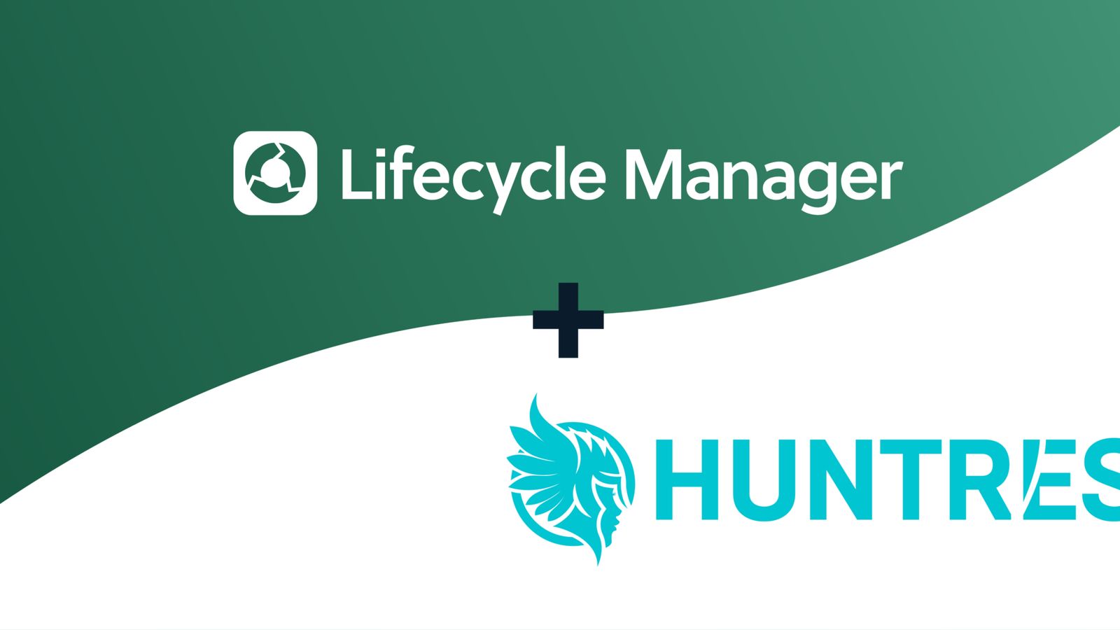 Lifecycle Manager and Huntress logos joined by a plus sign on a green curved banner background