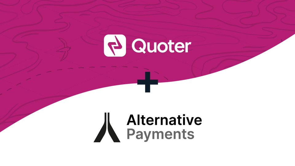Quoter white logo on a fuchsia background, and the Alternative Payments logo on a white background, visually indicating that the two
