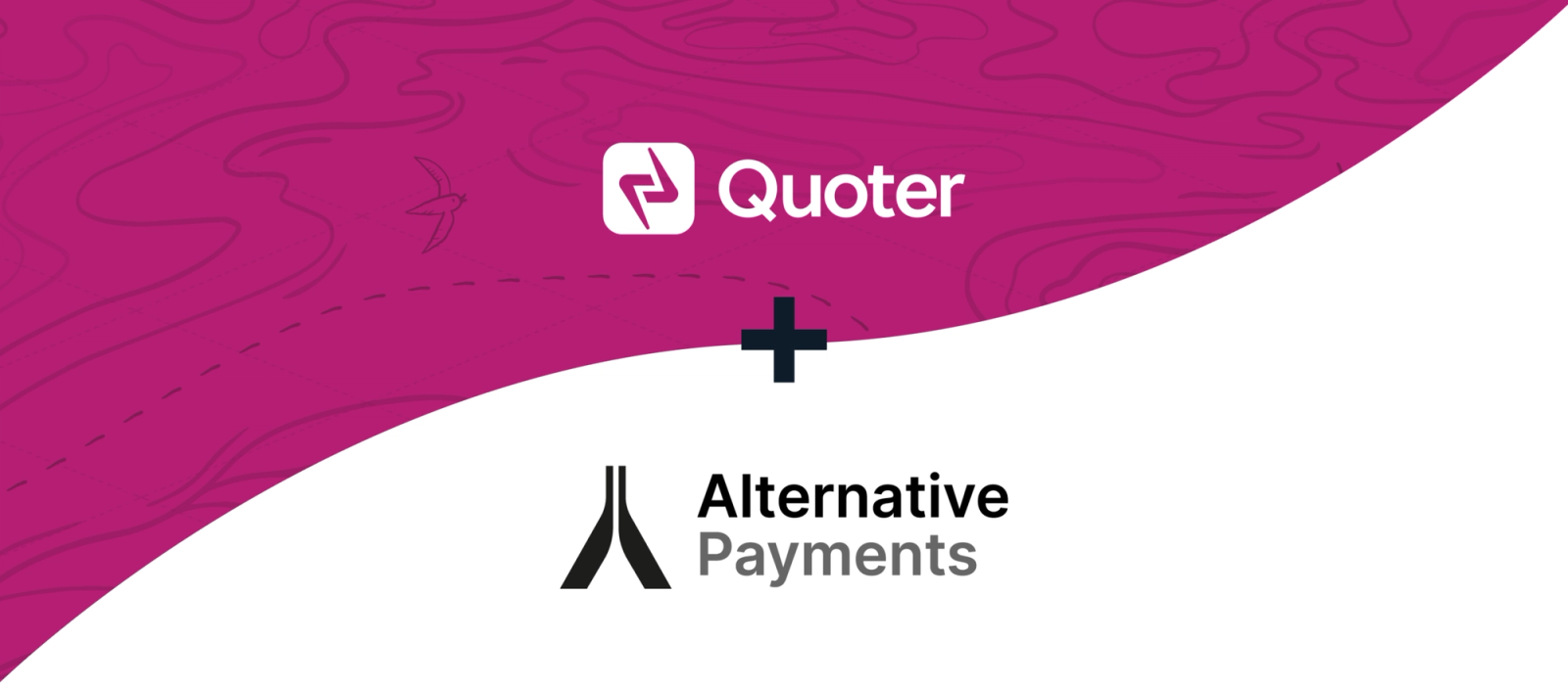 Quoter white logo on a fuchsia background, and the Alternative Payments logo on a white background, visually indicating that the two