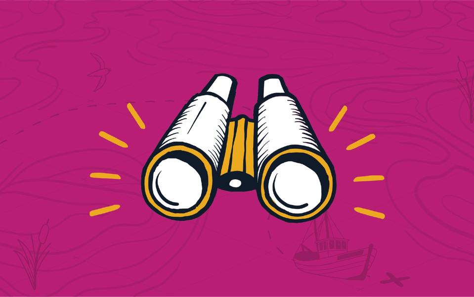 Stylized binoculars representing the ability to follow something visually, as in tracking it like a hunter would his or her quarry.