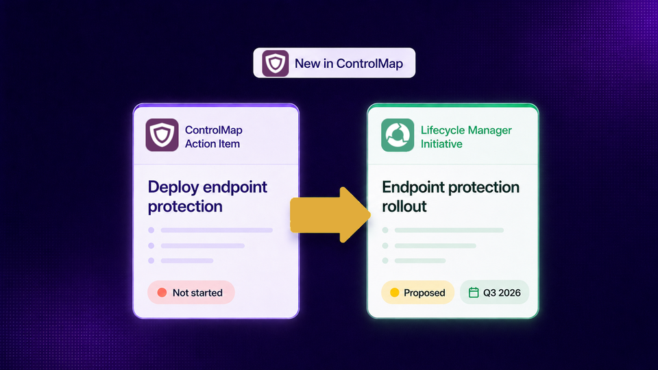 ControlMap action item connected to a proposed Lifecycle Manager initiative.