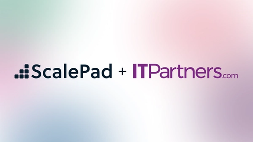 ScalePad and ITPartners+ logos on a pink and green gradient background