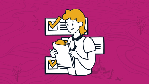 Cartoon man with a clipboard in the foreground with three checkmarked process boxes behind him representing an MSP staff training process