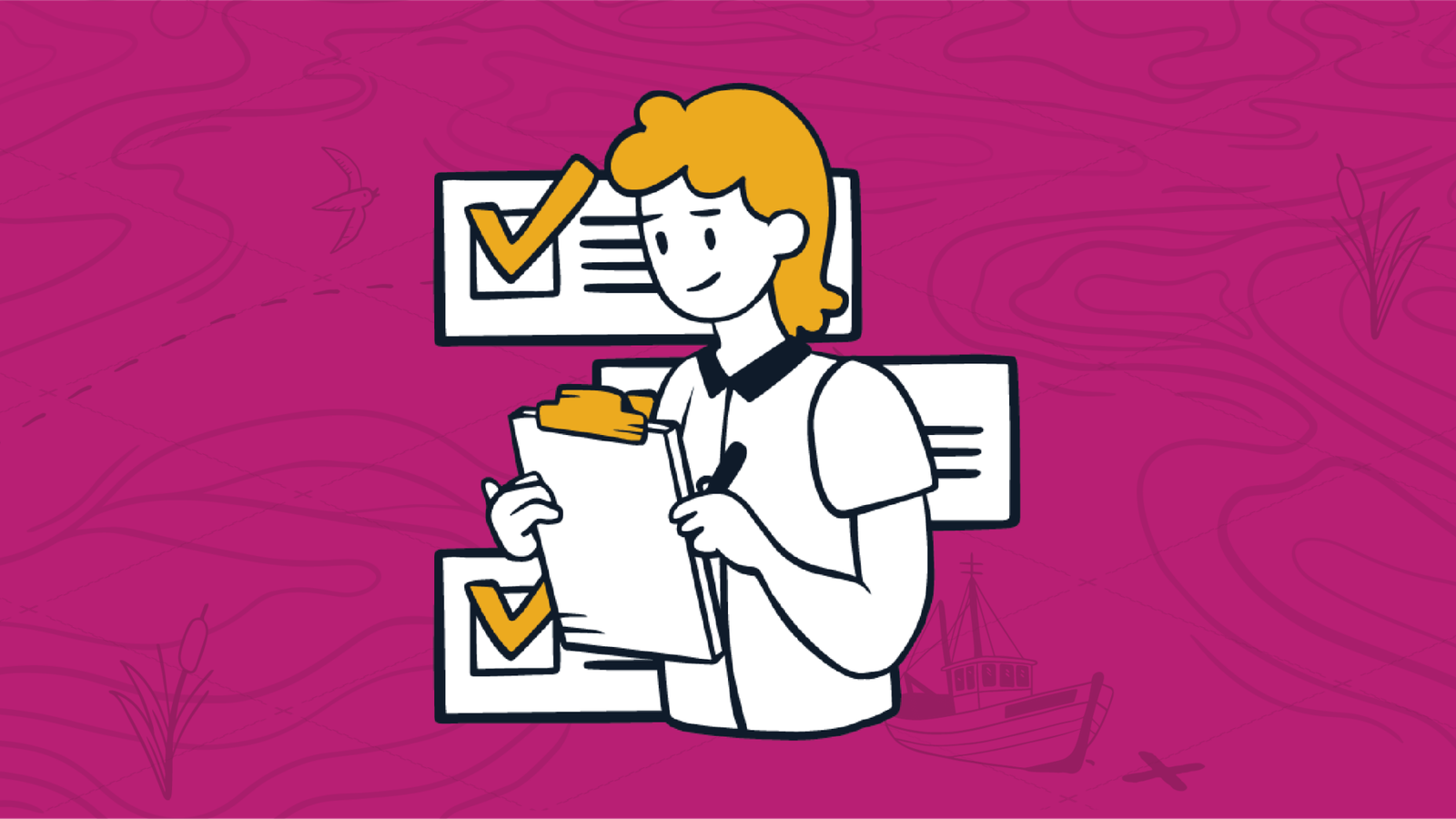 Man with a checklist with checked items in the background, representing a new default Quote List view for Quoter.