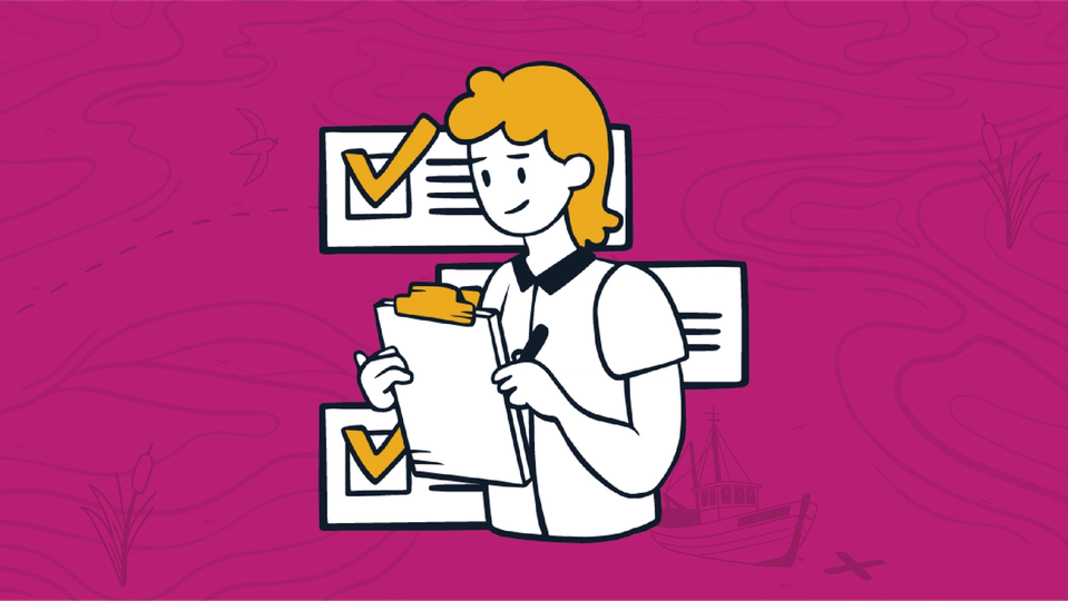 Man with a checklist with checked items in the background, representing a new default Quote List view for Quoter.