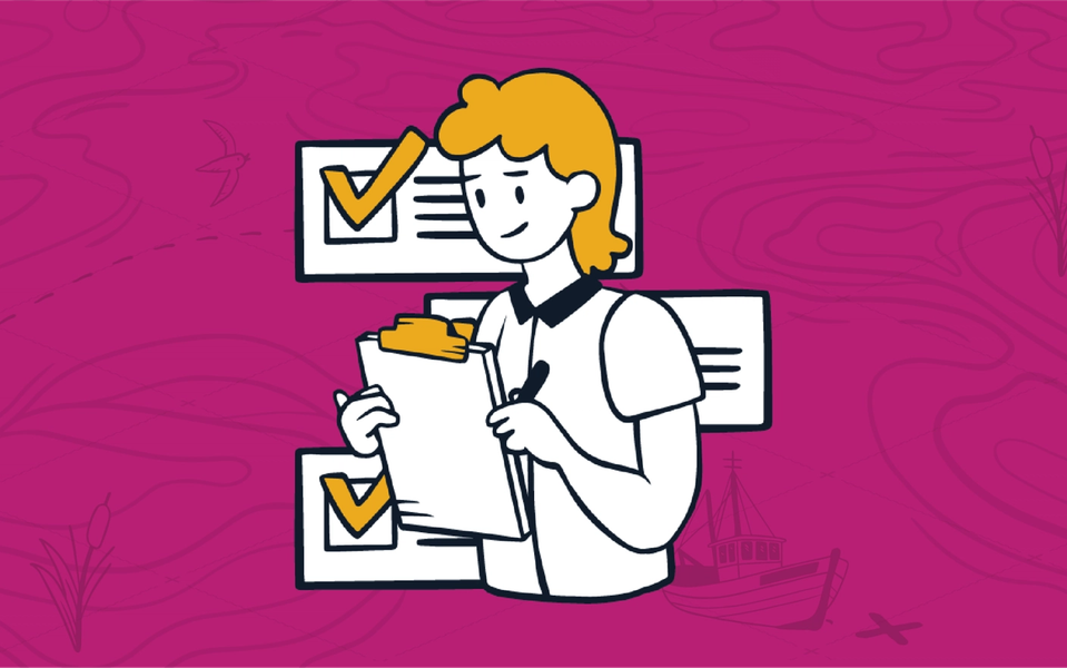 Cartoon man with a clipboard in the foreground with three checkmarked process boxes behind him representing an MSP staff training process
