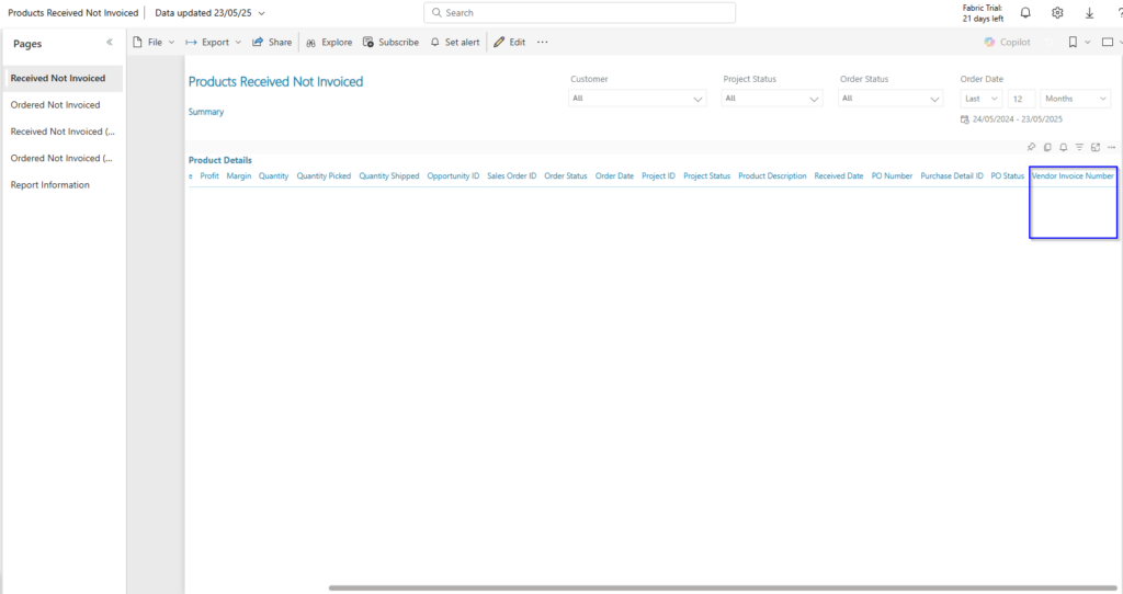 Heavily redacted Products Received Not Invoiced | Summary page, new “Vendor Invoice Number” column