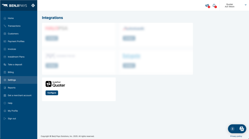 Benji Pays Settings > Integrations page; click Configure to begin connecting to Quoter