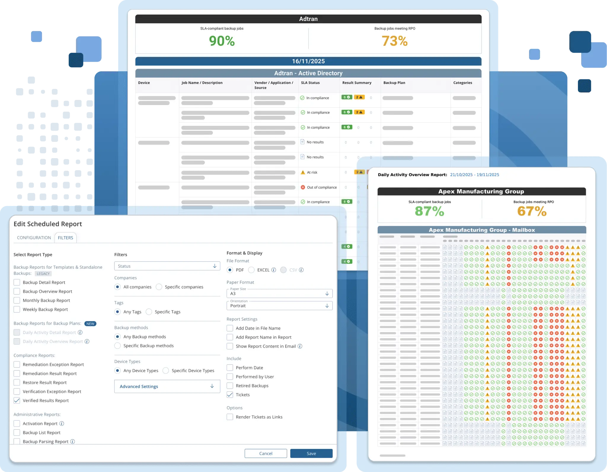 Backup Radar centralized reporting dashboard with backup status and alert summaries.
