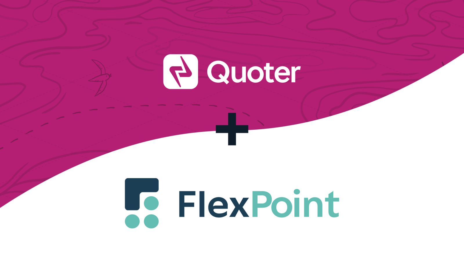 Quoter white logo on a fuchsia background, and the FlexPoint logo on a white background, visually indicating that the two products are