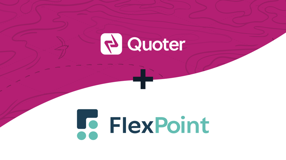 Quoter white logo on a fuchsia background, and the FlexPoint logo on a white background, visually indicating that the two products are