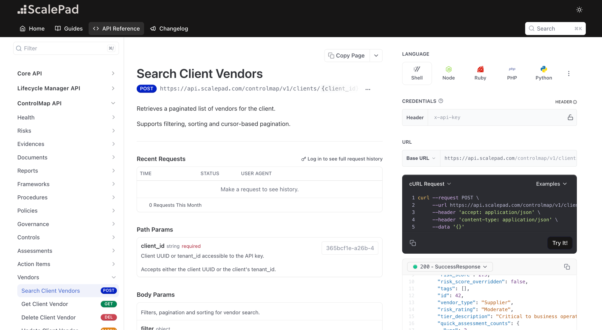 ScalePad API Reference showing the ControlMap Vendor Management endpoints