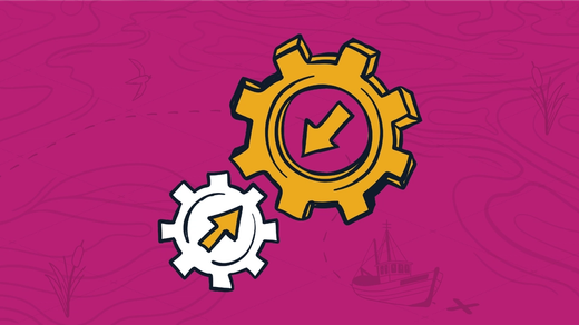 Two meshing gears, one yellow and one white, each with yellow arrows in the centre that point to each other, representing automation in the