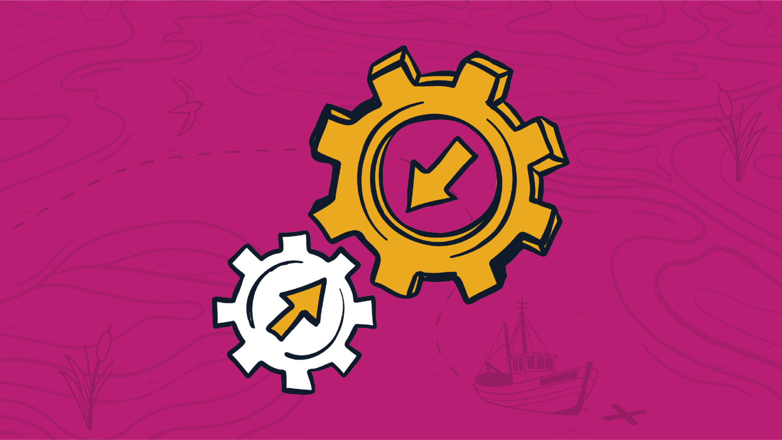 Two meshing gears, one yellow and one white, each with yellow arrows in the centre that point to each other, representing automation in the