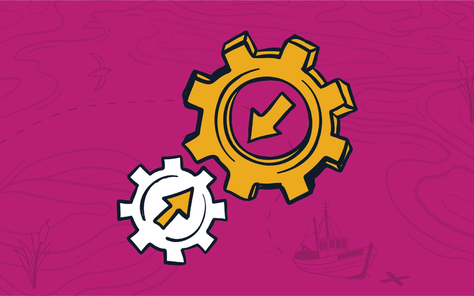 Two meshing gears, one yellow and one white, each with yellow arrows in the centre that point to each other, representing automation in the