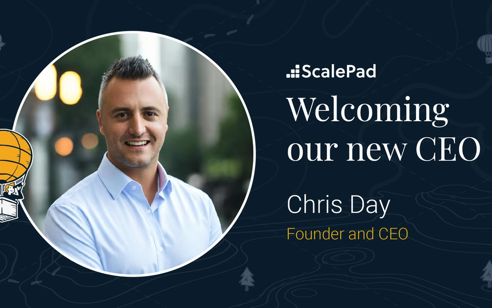 A headshot of new ScalePad CEO, Chris Day, with text "Welcoming our new CEO Chris Day: Founder and CEO".
