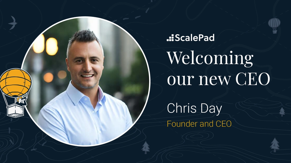A headshot of new ScalePad CEO, Chris Day, with text "Welcoming our new CEO Chris Day: Founder and CEO".