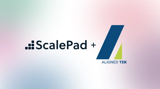 Image showing the ScalePad and Aligned Tek logos on a pink and green gradient background