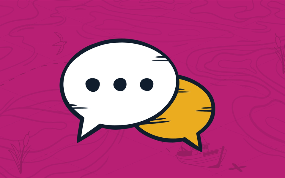 White speech bubble with three black dots over top of a yellow speech bubble in the background, representing a collection of MSP podcasts.