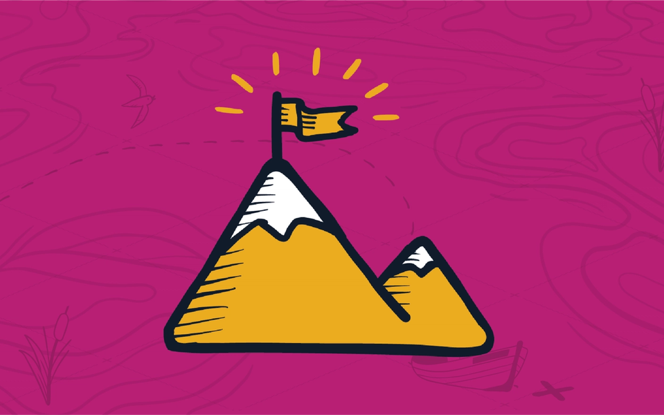 Two yellow snowcapped mountains, the taller with a shining yellow flag above it, representing how a professional sales proposal gets an MSP