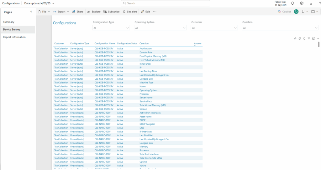 Configurations Report | Device Survey page, added Question and Answer