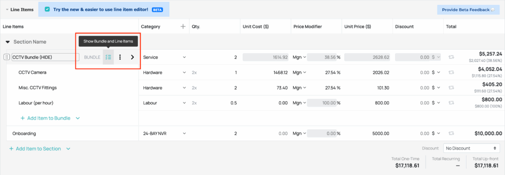 Bundle inside a line item group section