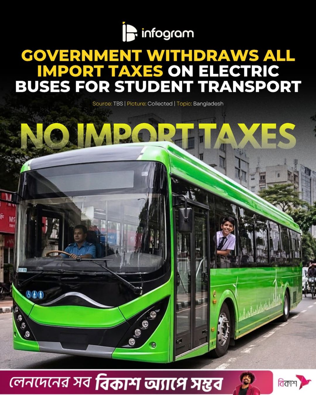 Social card for Bangladesh scraps all import taxes on electric buses for student transport