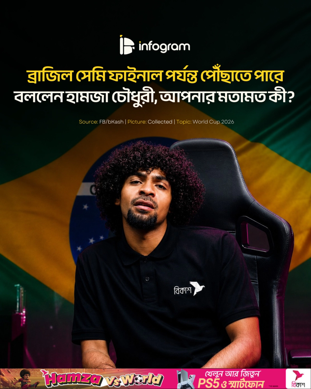 Social card for ব্রাজিল সেমি ফাইনাল পর্যন্ত পৌঁছাতে পারে বললেন হামজা চৌধুরী, আপনার মতামত কী?