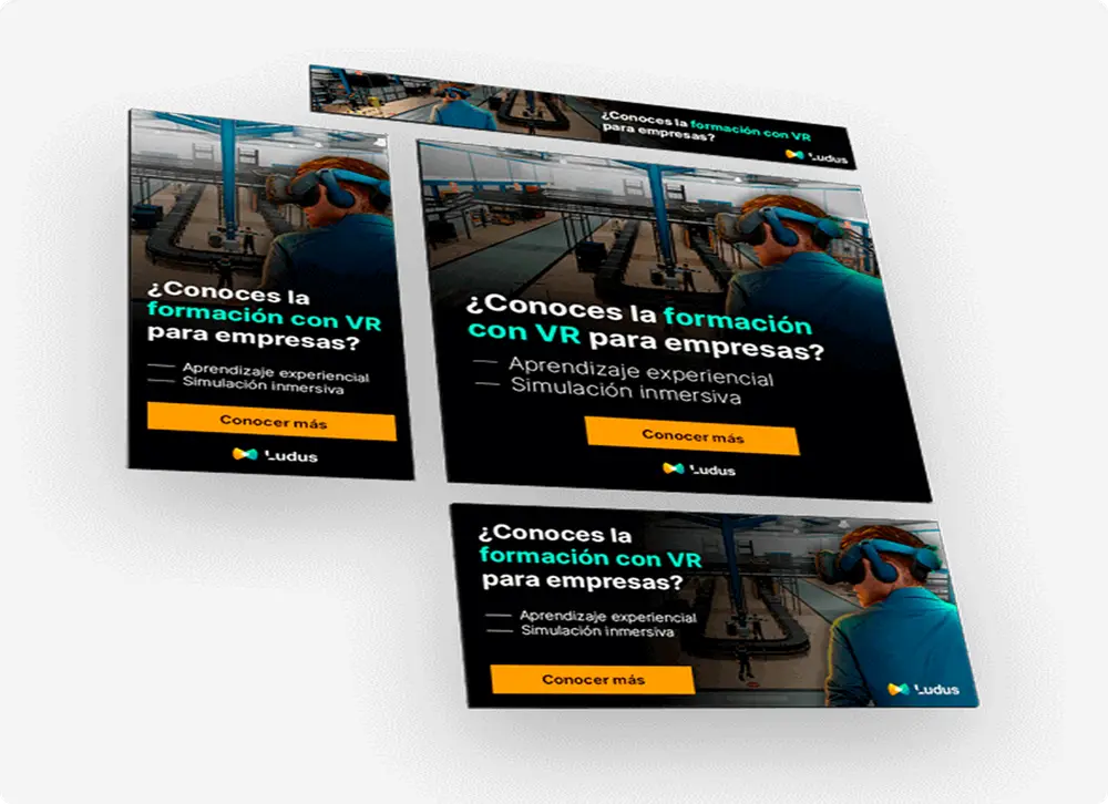 El mismo anuncio de Ludus Global resuelto en cuatro formatos distintos, del banner vertical al horizontal, con la misma jerarquía y los mismos colores