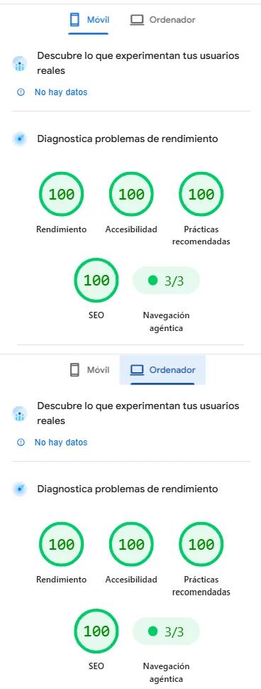 Panel de PageSpeed Insights para la portada de sakudarte.com en móvil y en ordenador: 100 puntos en Rendimiento, Accesibilidad, Prácticas recomendadas y SEO, 3/3 en Navegación agéntica y «No hay datos» en la experiencia de usuarios reales