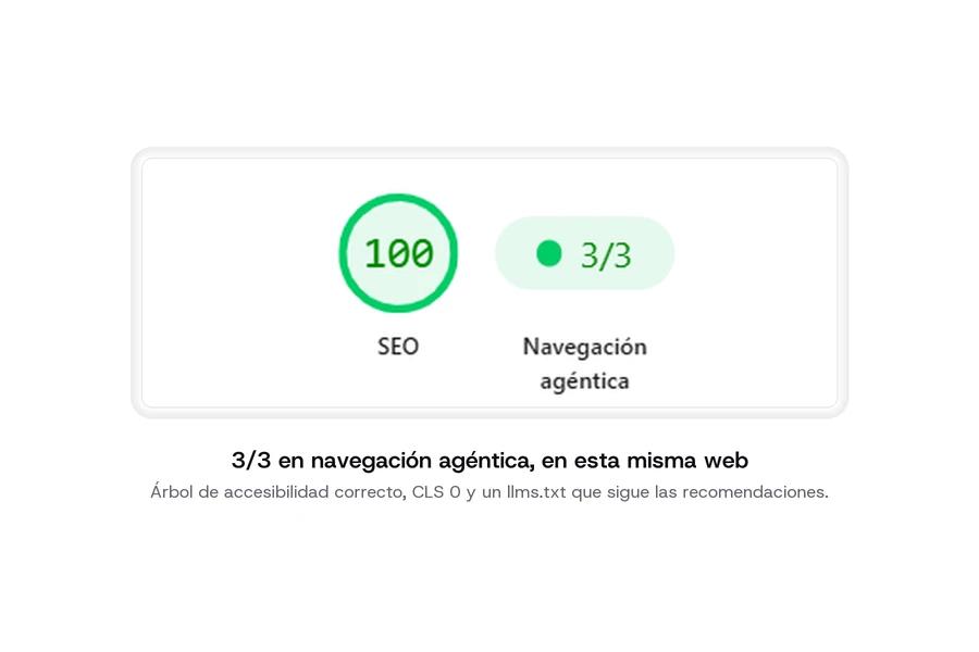 Informe de Lighthouse sobre sakudarte.com: 100 en SEO y 3 de 3 en navegación agéntica