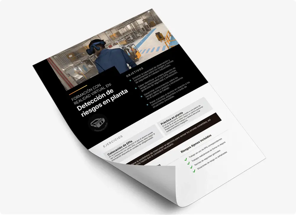 Ficha de un curso de realidad virtual de Ludus Global, con portada negra, la fotografía de un operario con gafas de VR y los objetivos del entrenamiento