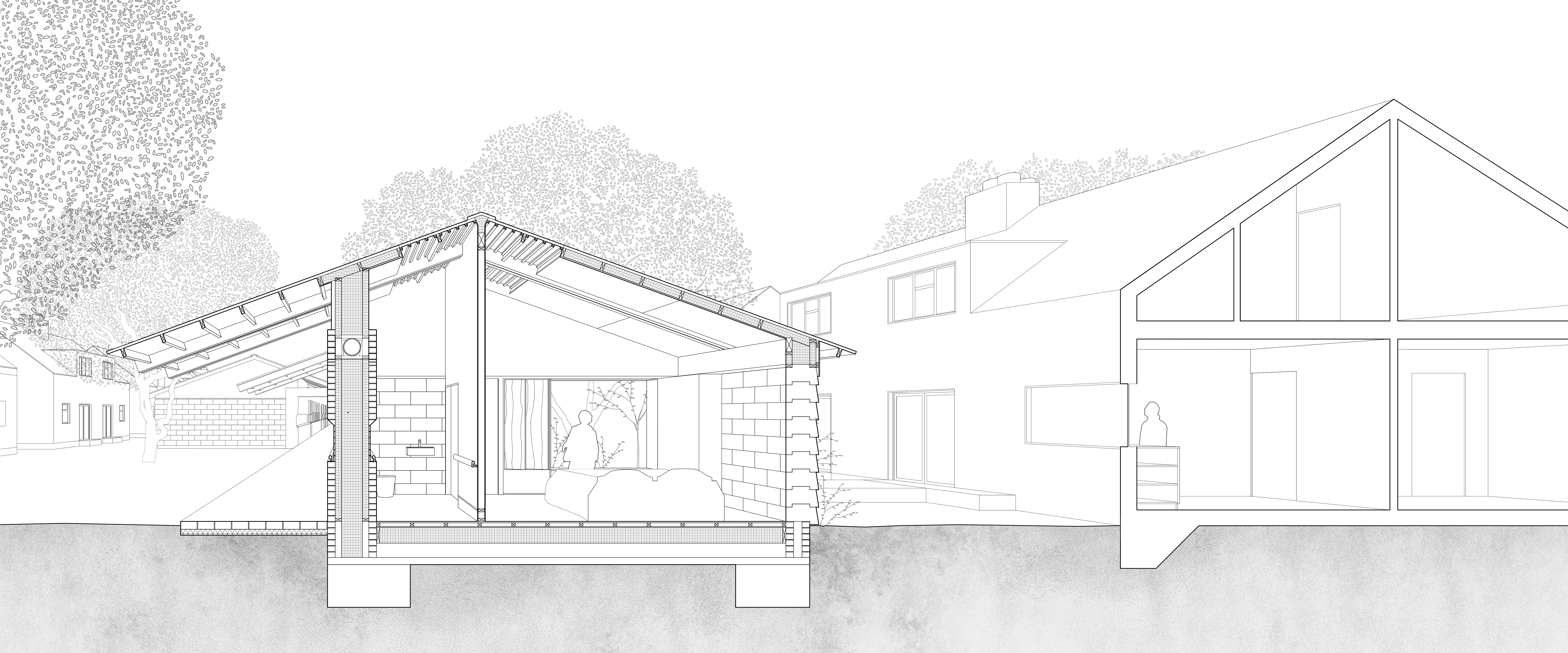 Section through studio dwelling and semi-detached house