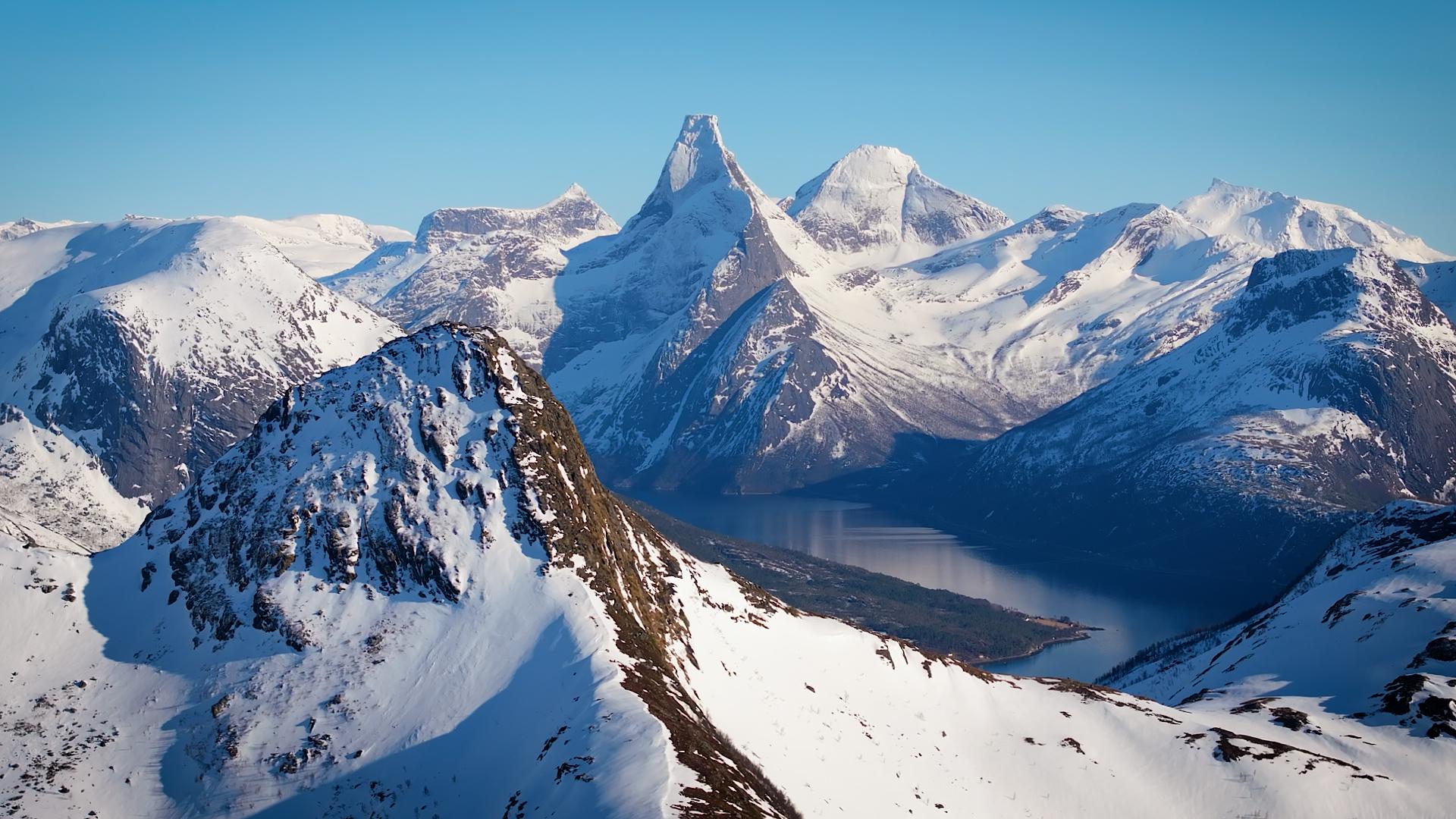 Narvikfjellet covered in snow during winter, seen from above