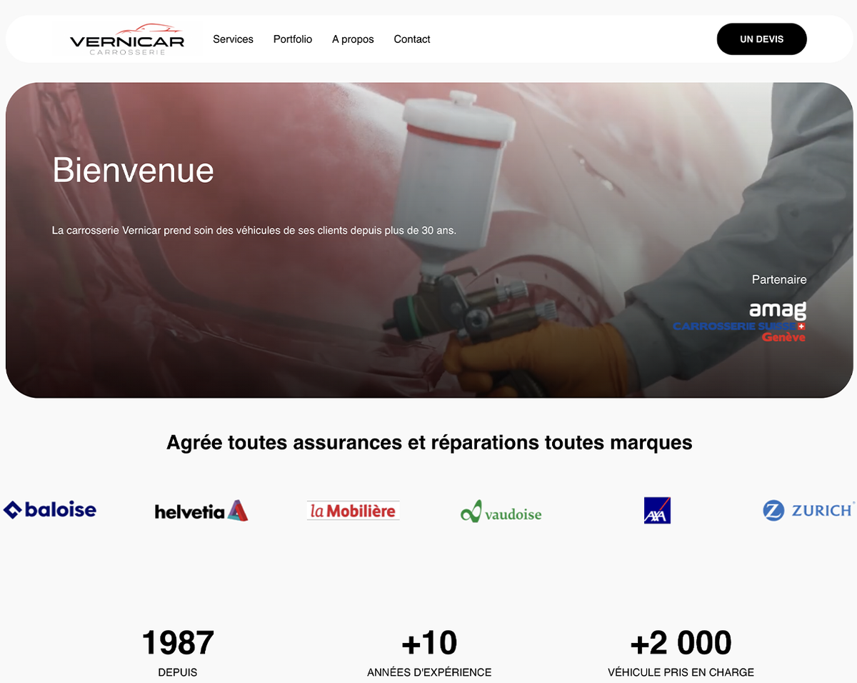 Page d’accueil du site de la carrosserie Vernicar