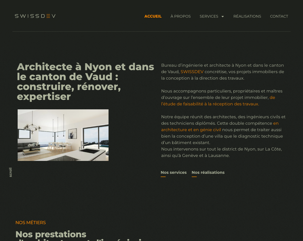 Page d’accueil du site du bureau d’architecture SwissDev
