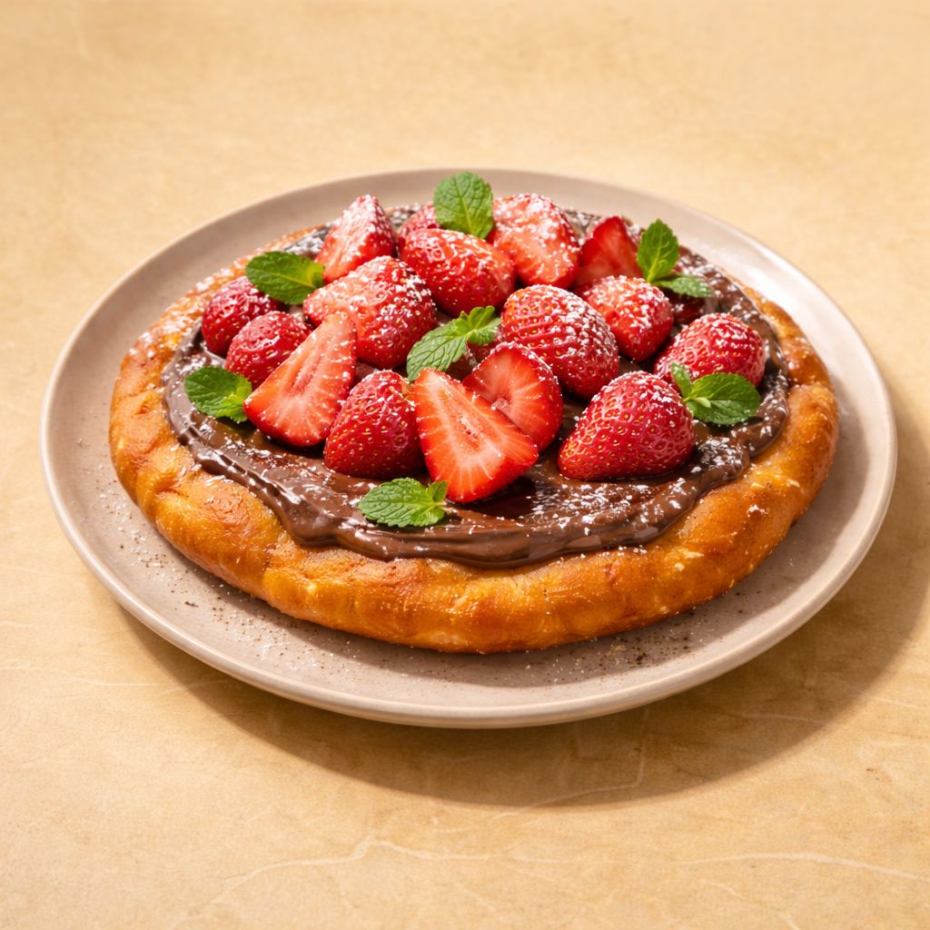 Lángos mit Nutella, Erdbeeren und Puderzucker