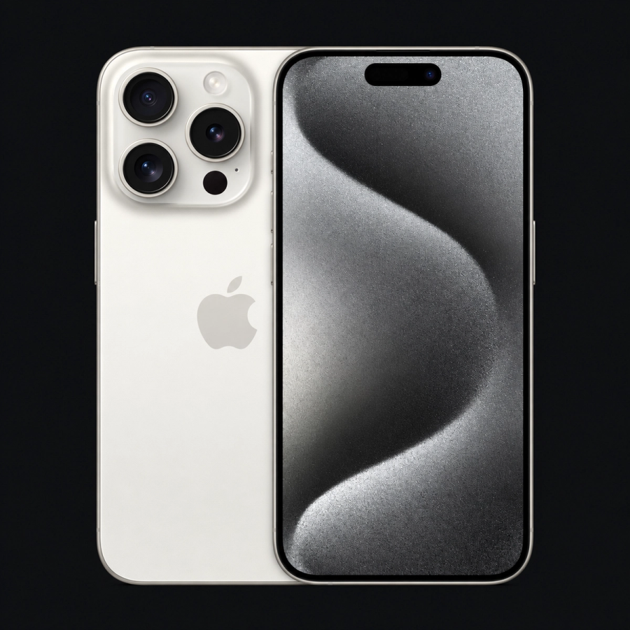 iPhone 15 Pro — Wit titanium (productillustratie) — AI-productillustratie