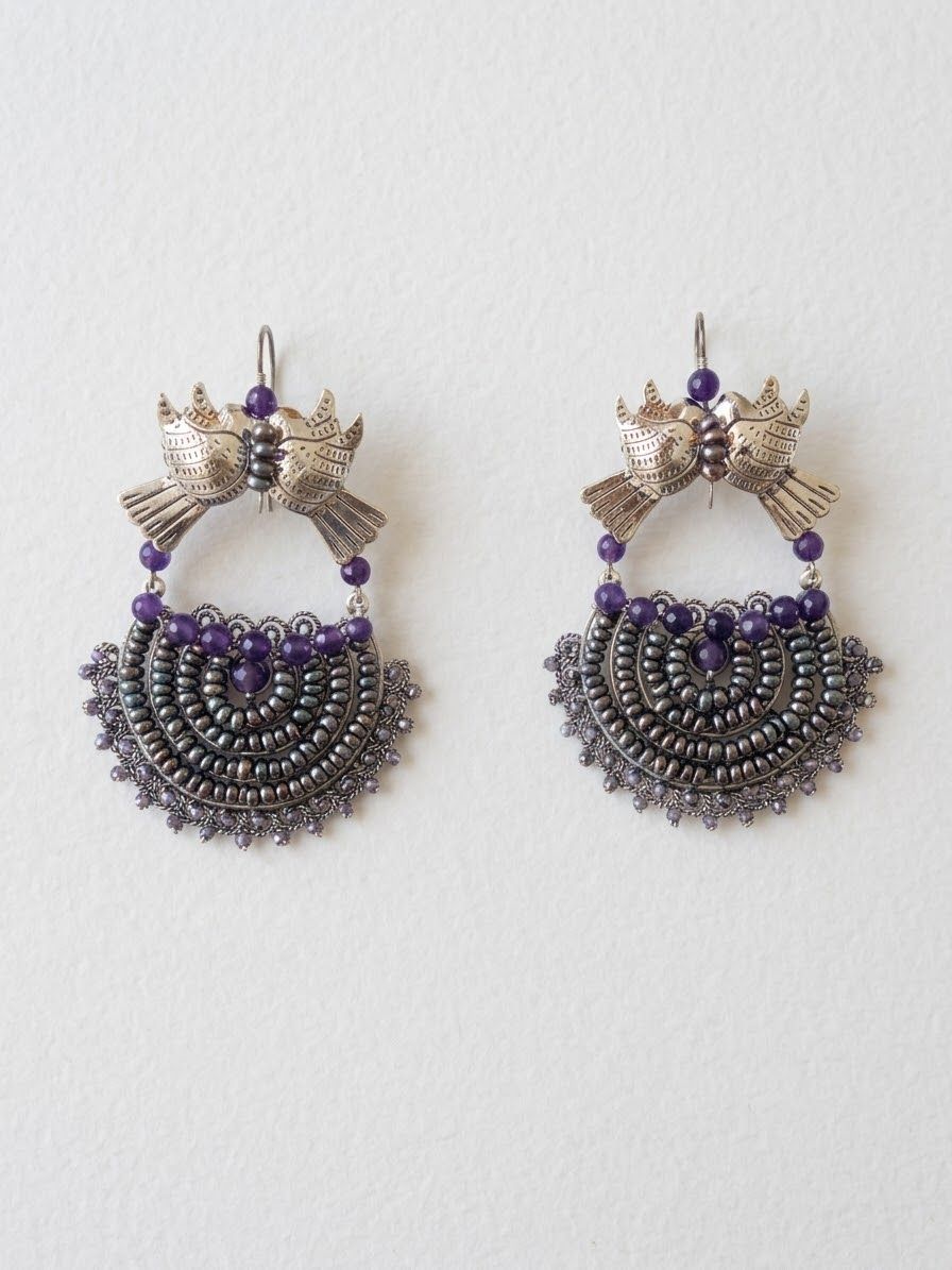 Aretes de Plata "Canasta de Pajaritos" con Tejido Mándala en Perlas y Biguas
