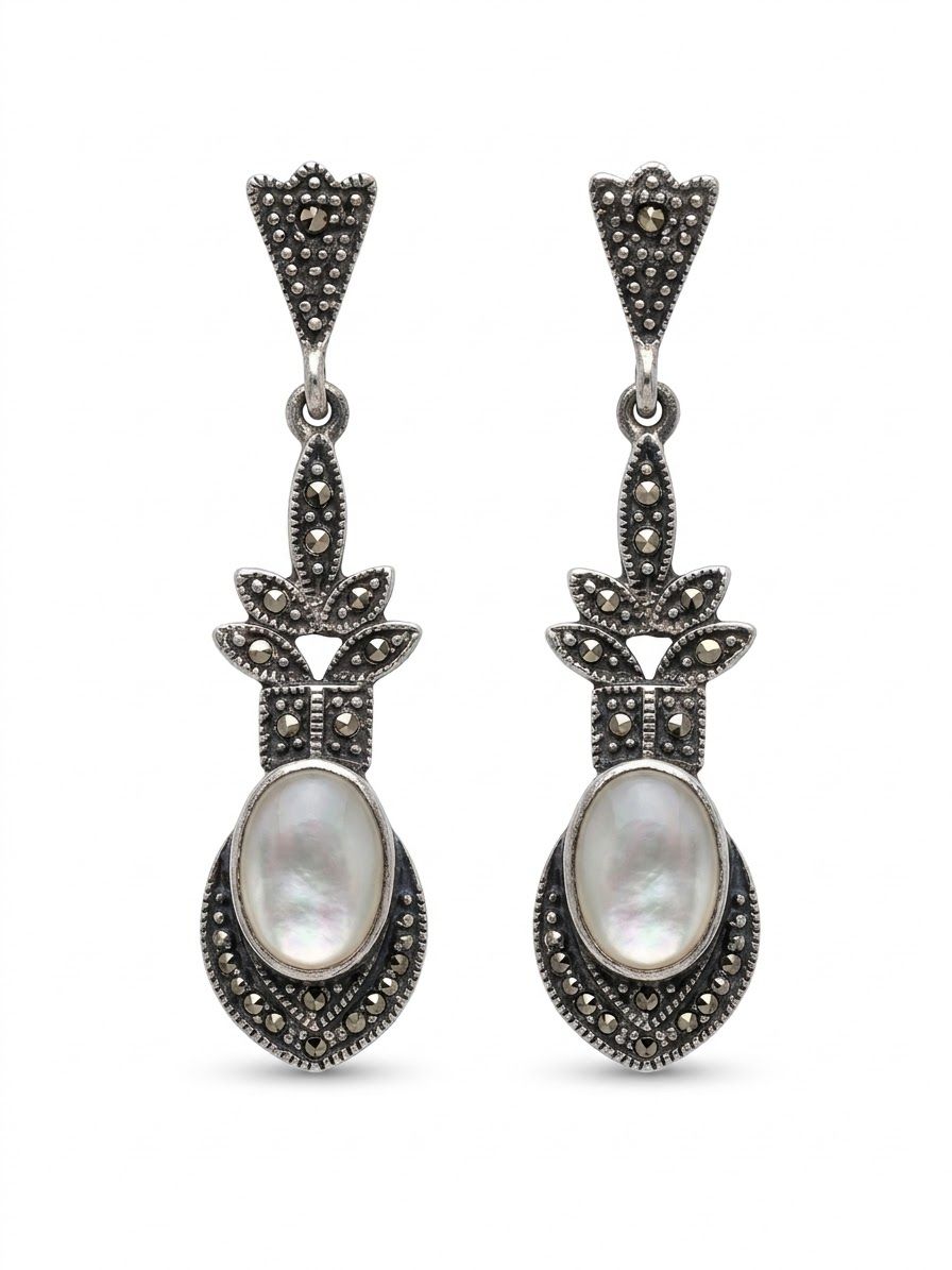 Aretes de Plata Envejecida Estilo Vintage con Marquesita y Madreperla Ovalada