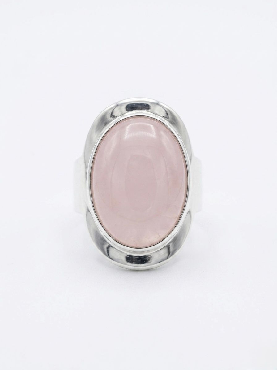 Anillo Ajustable de Plata Lisa con Cuarzo Rosa