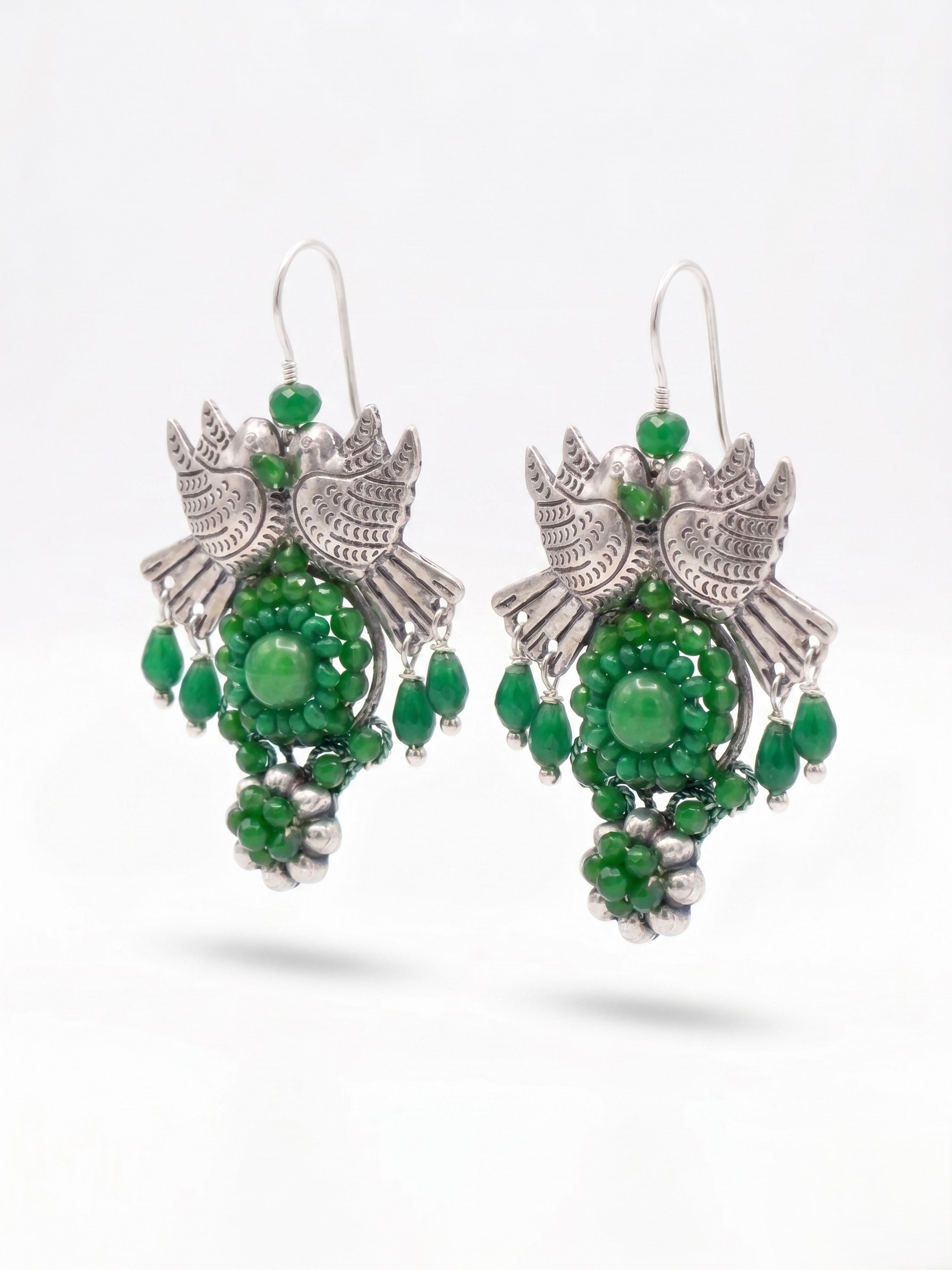 Aretes "Canasta de Pajaritos" en Plata Repujada con Jade y Ágata - Imagen 2