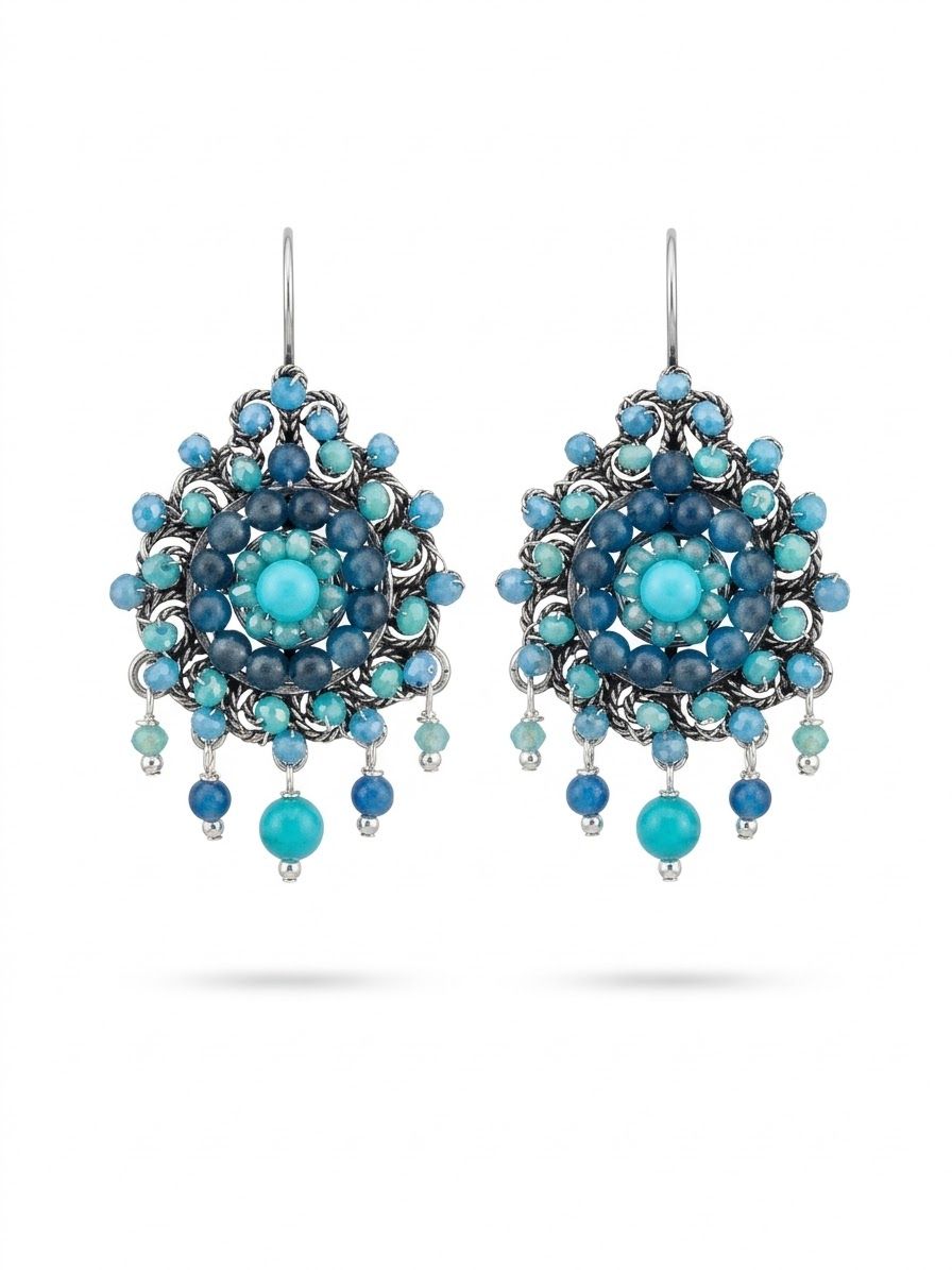 Aretes de Plata 'Mini Mandala' con Ágatas Azules, Piedras Naturales Kilman y Cristales Swarovski