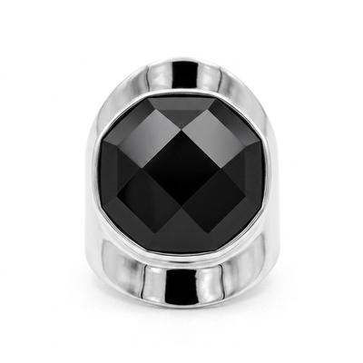 Anillo Ajustable de Plata Lisa con Gran Ónix Negro Facetado