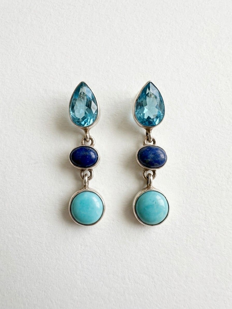 Aretes de Plata de Ley Tipo "Gota" con Lapislázuli, Turquesa y Cristal Checo
