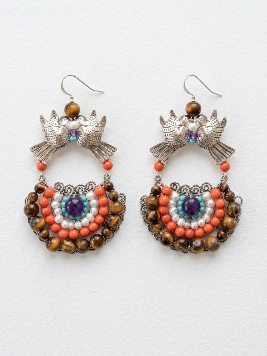 Aretes de Plata "Canasta de Pajaritos" Tejidos con Ojo de Tigre, Perla, Kilman y Coral Salmón
